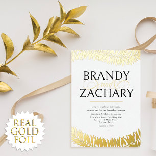 Invitación Con Relieve Metalizado Elegante Simple Hojas de Oro Blanco Boda Real Hoja