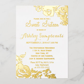 Invitación Con Relieve Metalizado Elegante Simple Moderno Rosa Floral Oro Cumpleaños