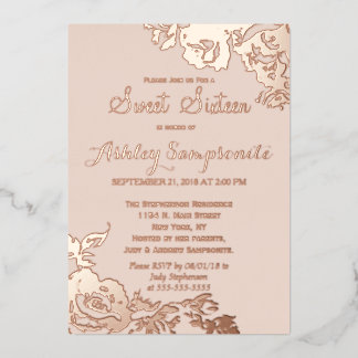Invitación Con Relieve Metalizado Elegante Simple Moderno Rosa Floral Oro Dulces 16