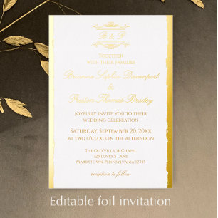 Invitación Con Relieve Metalizado Elegante Simple Monograma Antiguo Boda Oro