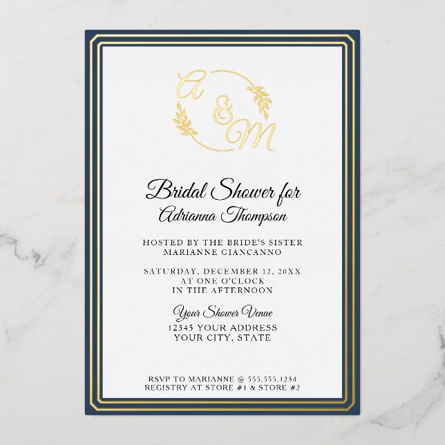 Invitación Con Relieve Metalizado Elegante simple Monograma Dorado Verde Ducha Nodal (Anverso)