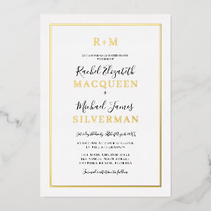 Invitación Con Relieve Metalizado Elegante Simple Real Borde de Oro Boda Blanca