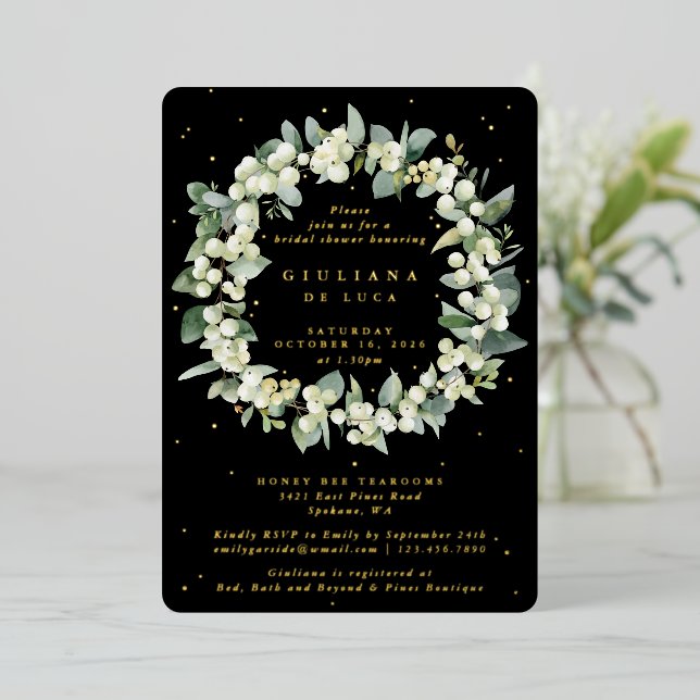 Invitación Con Relieve Metalizado Elegante Snowberry negro + ducha nupcial Eucalyptu (Anverso de pie)
