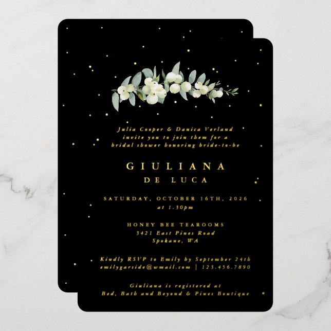 Invitación Con Relieve Metalizado Elegante Snowberry negro + ducha nupcial Eucalyptu (Anverso/Reverso)