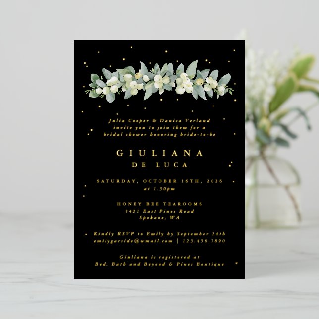 Invitación Con Relieve Metalizado Elegante Snowberry negro + ducha nupcial Eucalyptu (Anverso de pie)