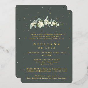 Invitación Con Relieve Metalizado Elegante Snowberry verde + Eucalyptus Bridal Showe