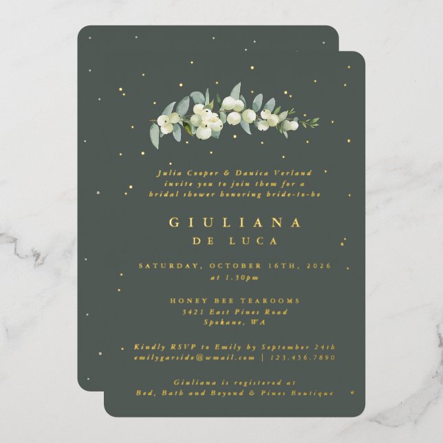 Invitación Con Relieve Metalizado Elegante Snowberry verde + Eucalyptus Bridal Showe (Anverso/Reverso)