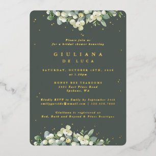 Invitación Con Relieve Metalizado Elegante Snowberry verde + Eucalyptus Bridal Showe