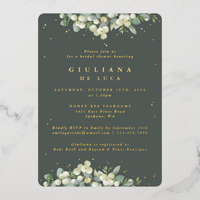 Invitación Con Relieve Metalizado Elegante Snowberry verde + Eucalyptus Bridal Showe (Anverso)