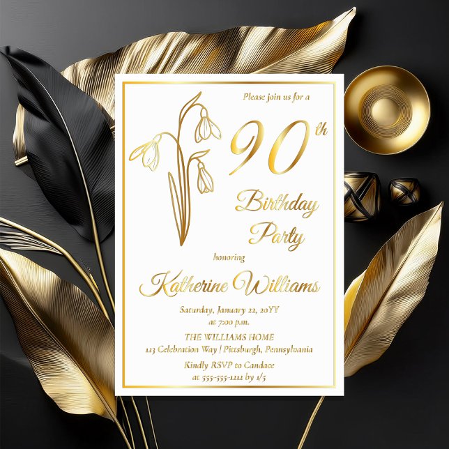 Invitación Con Relieve Metalizado Elegante Snowdrop 90th Birthday Party estampado (Elegant January Birth Month Snowdrops Floral "90th Birthday Party" Stamped Gold Foil Invitations)