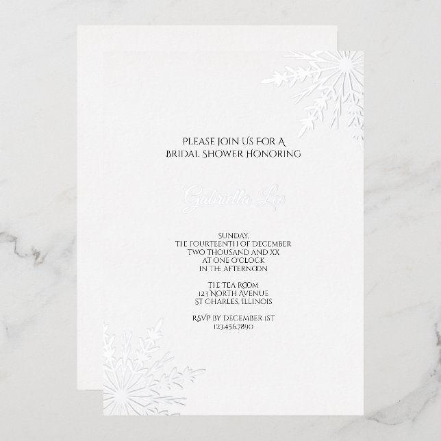 Invitación Con Relieve Metalizado Elegante Snowflakes Winter Bridal Shower (Anverso/Reverso)