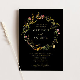 Invitación Con Relieve Metalizado Elegante Summer Wildflower Wreath Boda negro