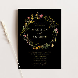 Invitación Con Relieve Metalizado Elegante Summer Wildflower Wreath Boda negro