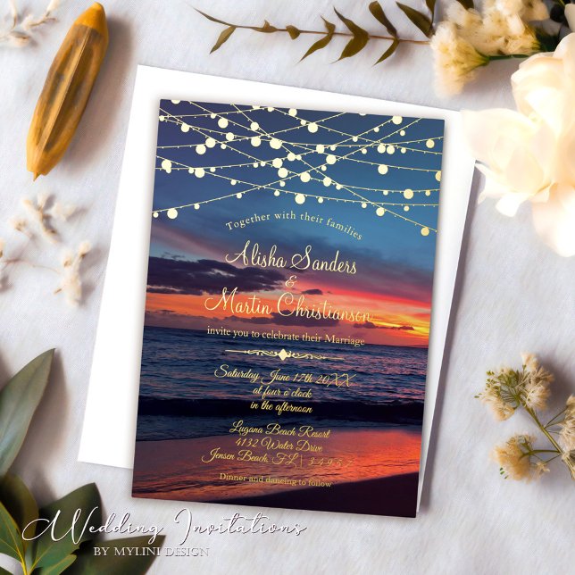 Invitación Con Relieve Metalizado Elegante Sunset Beach String Luces Boda de verano (Subido por el creador)
