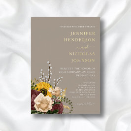 Invitación Con Relieve Metalizado Elegante Taupe Floral Boda Gold