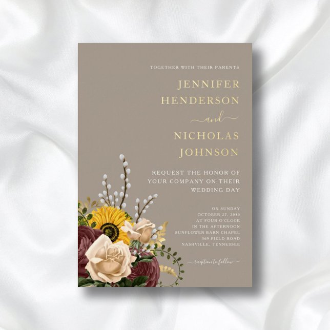 Invitación Con Relieve Metalizado Elegante Taupe Floral Boda Gold (Subido por el creador)