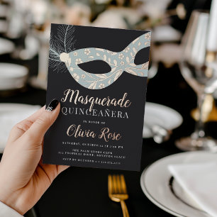 Invitación Con Relieve Metalizado Elegante Tema de Máscara Quinceañera