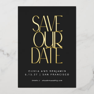 Invitación Con Relieve Metalizado Elegante Tendencia Negro Oro Save the Date Foil