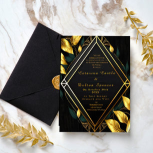 Invitación Con Relieve Metalizado Elegante terciopelo negro de moda y oliage de oro