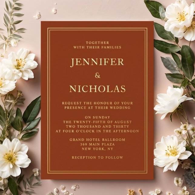 Invitación Con Relieve Metalizado Elegante Terracota Formal Boda Gold (Elegant Formal Terracotta Wedding Gold Foil Invitation)