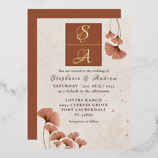 Invitación Con Relieve Metalizado Elegante Terracota y Real Gold Monograma Boda (Anverso/Reverso)