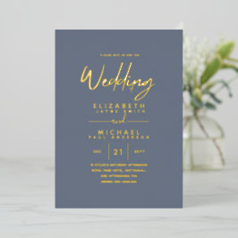 Invitación Con Relieve Metalizado Elegante texto de papel de oro CLASSY Boda azul po