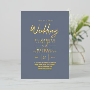 Invitación Con Relieve Metalizado Elegante texto de papel de oro CLASSY Boda azul po
