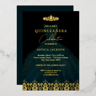 Invitación Con Relieve Metalizado Elegante Tiara de Damasco Esmeralda Oro Quinceañer
