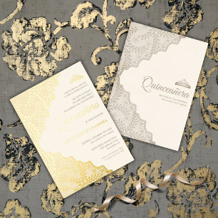 Invitación Con Relieve Metalizado Elegante Tiara de Encaje Quinceañera Dorado