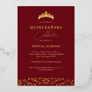 Invitación Con Relieve Metalizado Elegante Tiara de Oro Rojo Script Quinceanera