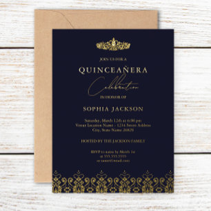 Invitación Con Relieve Metalizado Elegante Tiara de Oro y Azul Marino Quinceañera