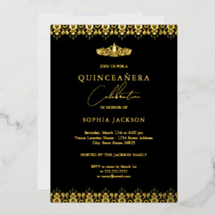 Invitación Con Relieve Metalizado Elegante Tiara de Quinceañera de Oro Negro