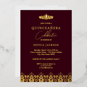 Invitación Con Relieve Metalizado Elegante Tiara de Quinceañera Dorado Burgundy