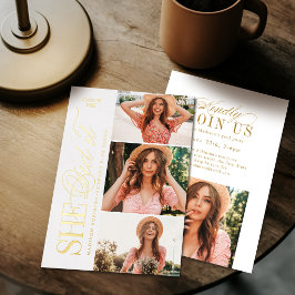 Invitación Con Relieve Metalizado Elegante Tipografía Atemporal 4 Foto Graduación