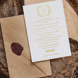 Invitación Con Relieve Metalizado Elegante tipografía Corona de Laurel Monograma Bod