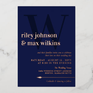 Invitación Con Relieve Metalizado Elegante tipografía de flecha azul marino rosa oro