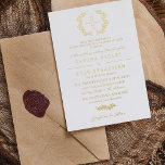 Invitación Con Relieve Metalizado Elegante tipografía Laurel Wreath Monograma Boda<br><div class="desc">Elegante invitación casera tradicional en un diseño de Relieve metalizado dorado y tipografía blanca con monograma de laurel y hermosos tipos de letra. Invitación a la boda de tipografía con un monograma de vegetación y hermosos tipos de letra con los padres como anfitrión. Invitación nupcial en Relieve metalizado dorado monogramado...</div>
