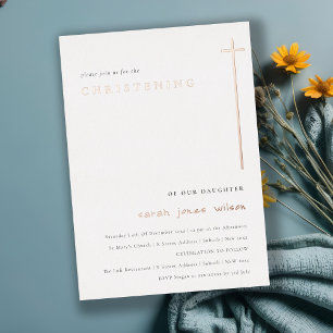 Invitación Con Relieve Metalizado Elegante Tipografía Mínima Clásica Bautizo