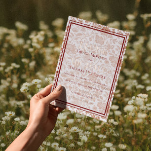 Invitación Con Relieve Metalizado Elegante Toile Floral con Monograma en Guión Rojo