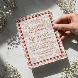 Invitación Con Relieve Metalizado Elegante Toile Floral con Monograma en Guión Rojo