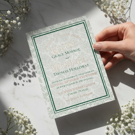 Invitación Con Relieve Metalizado Elegante Toile Floral con Monograma en Guión Verde