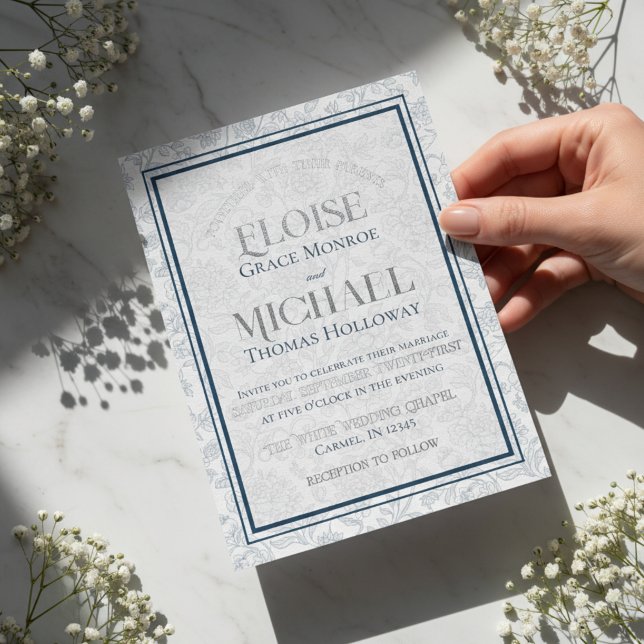 Invitación Con Relieve Metalizado Elegante Toile Floral de Monograma de Bodas Azul S (Formally invite guests to your big day with this Elegant Floral Toile Script Monogram Blue Invite!)