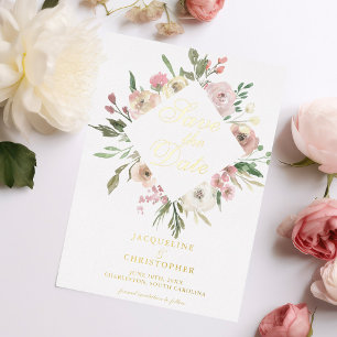 Invitación Con Relieve Metalizado Elegante tono rosa floral Save The Date dorado