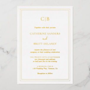 Invitación Con Relieve Metalizado Elegante Tradicional Monograma Sencillo Boda Oro