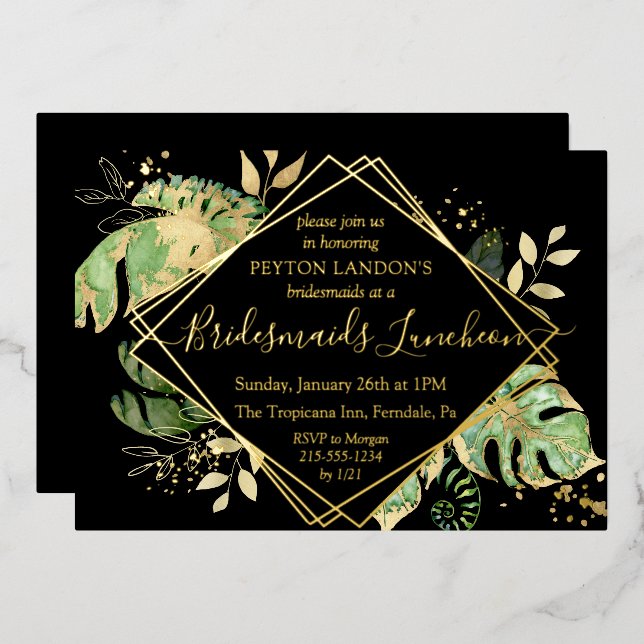 Invitación Con Relieve Metalizado Elegante Tropical Black & Gold Bridesmaids Luncheo (Anverso/Reverso)