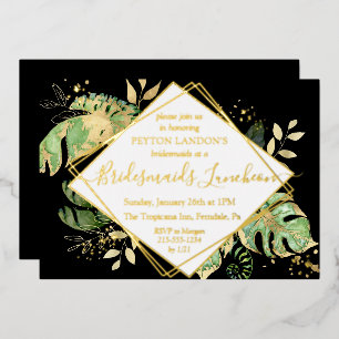 Invitación Con Relieve Metalizado Elegante Tropical Black & Gold Bridesmaids Luncheo