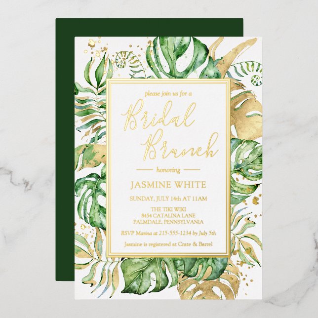 Invitación Con Relieve Metalizado Elegante Tropical Bridal Brunch Shower Gold (Anverso/Reverso)