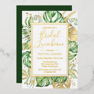Invitación Con Relieve Metalizado Elegante Tropical Bridal Luncheon Shower Gold