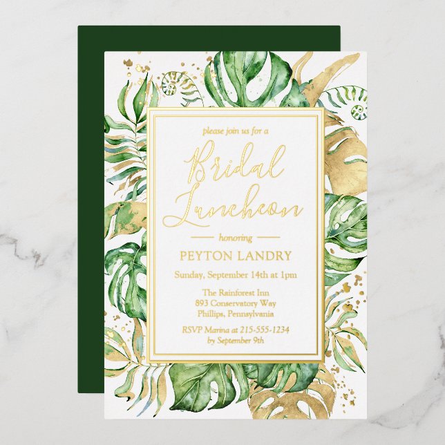 Invitación Con Relieve Metalizado Elegante Tropical Bridal Luncheon Shower Gold (Anverso/Reverso)