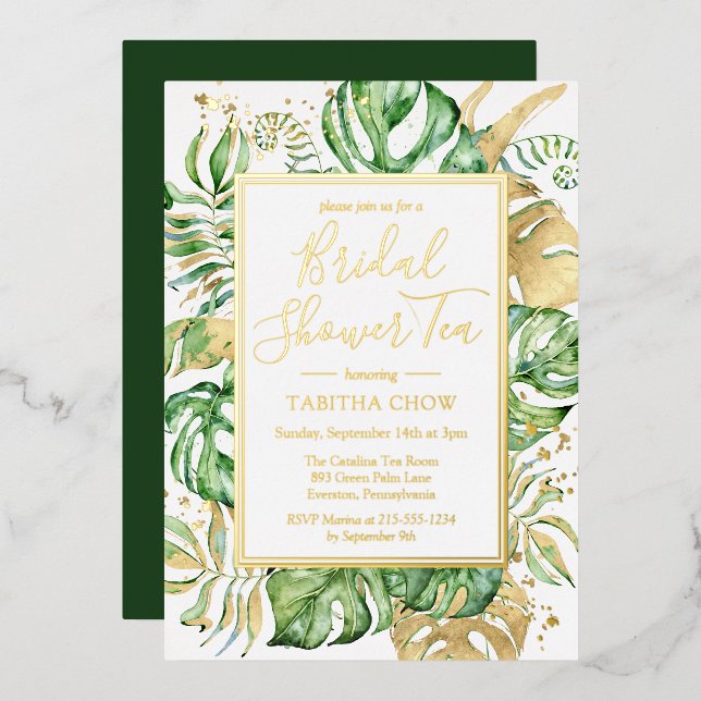 Invitación Con Relieve Metalizado Elegante Tropical Gold Bridal Shower Tea Fiesta Go (Anverso/Reverso)